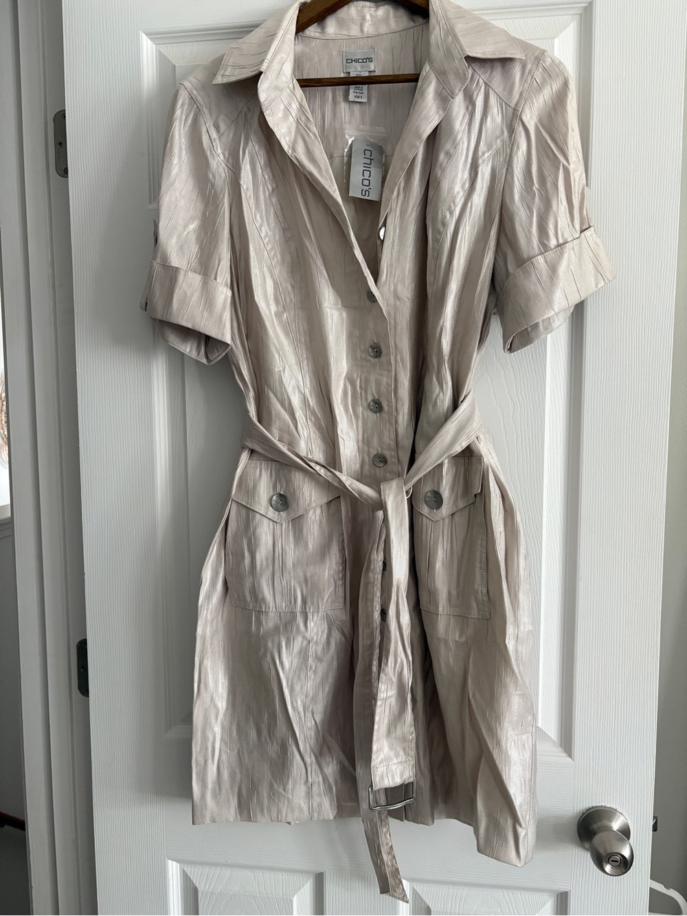 Chico's Light Taupe Shimmer Button-Front Shirt Dress